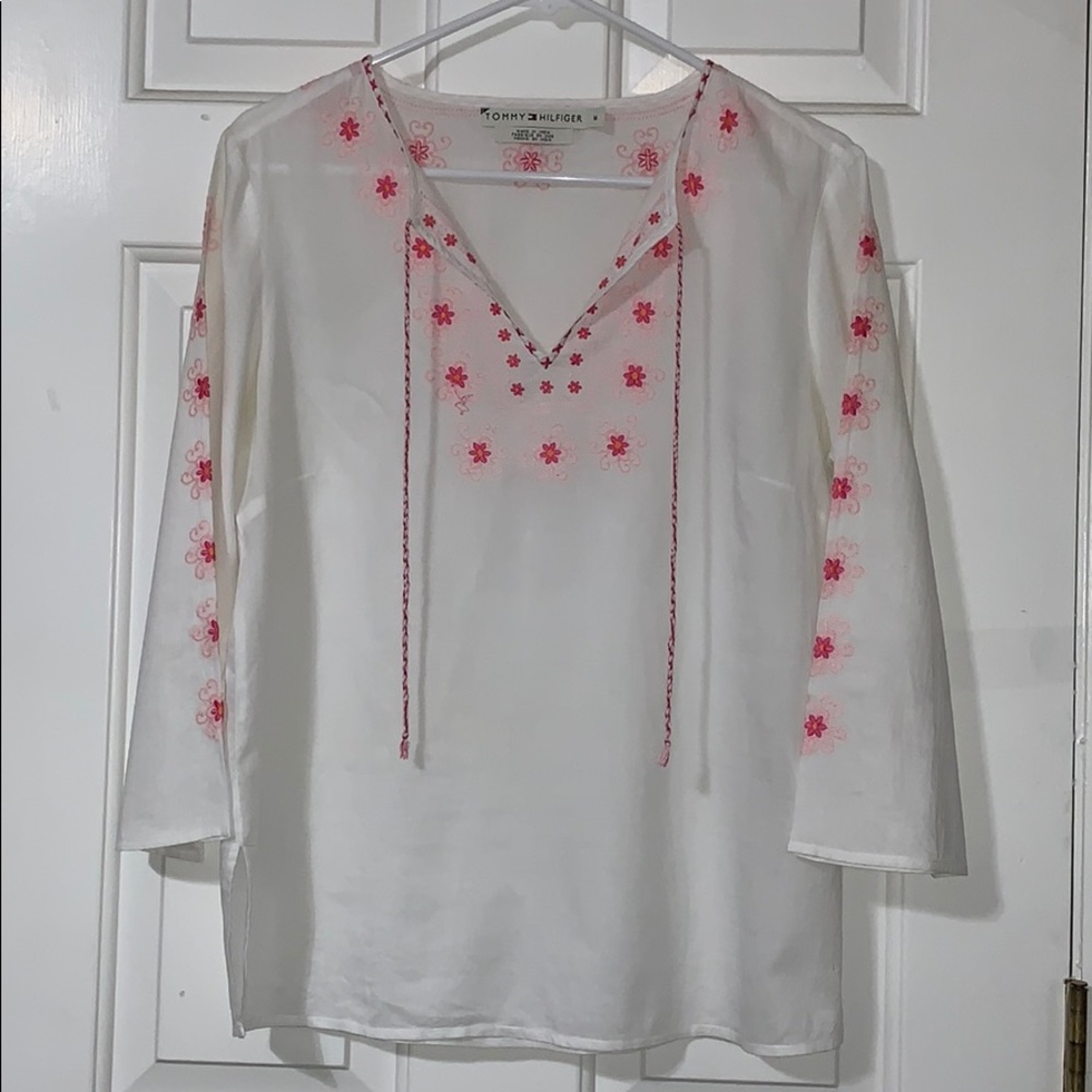 Tommy Hilfiger white cotton embroidered top sz M